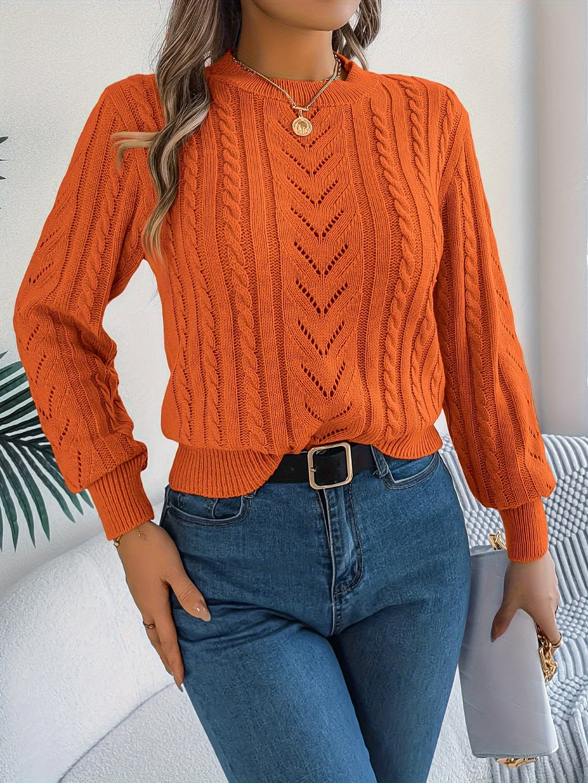 Lowri | Women's Textured Openwork Crew Neck Knit Jumper