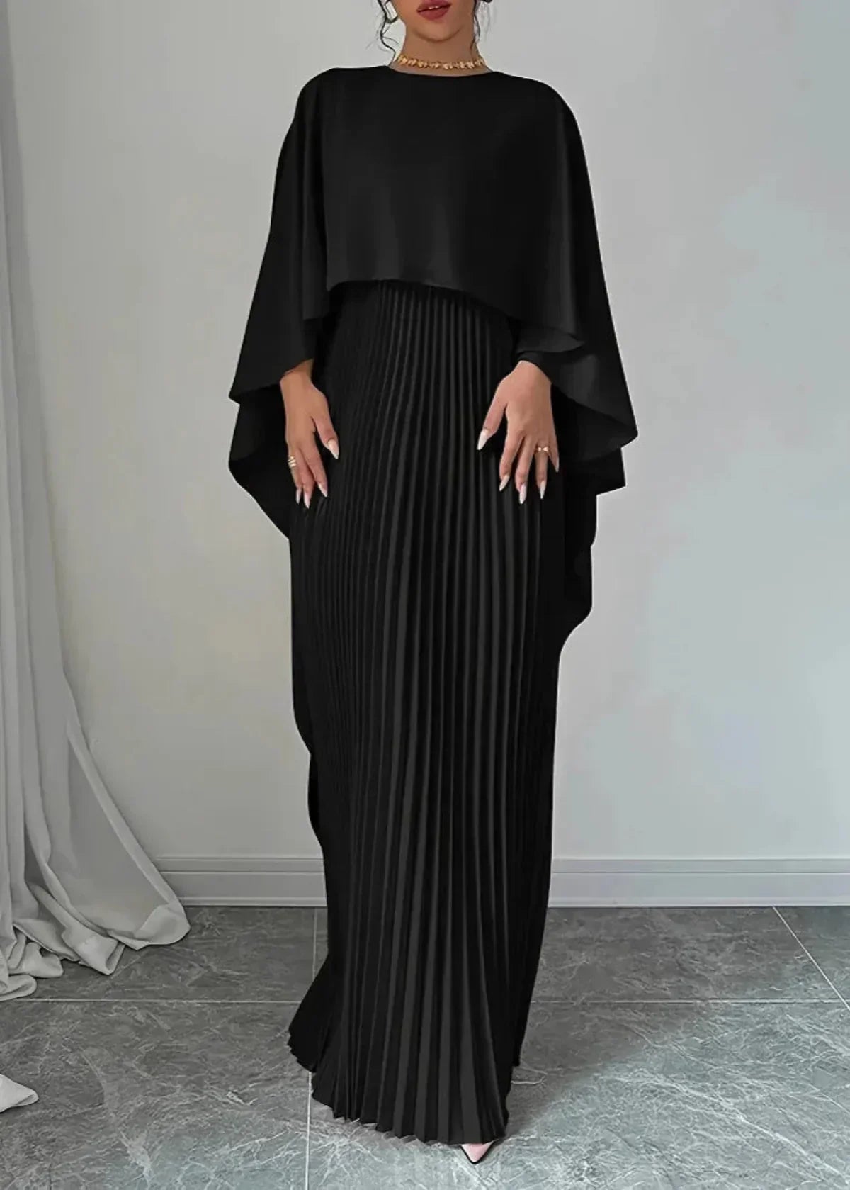 Celeste | Elegant Pleated Cape Maxi Wedding Guest Dress