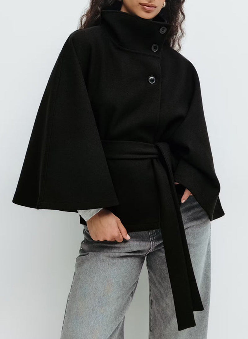 Nell | Women's Belted Funnel-Neck Cape Coat