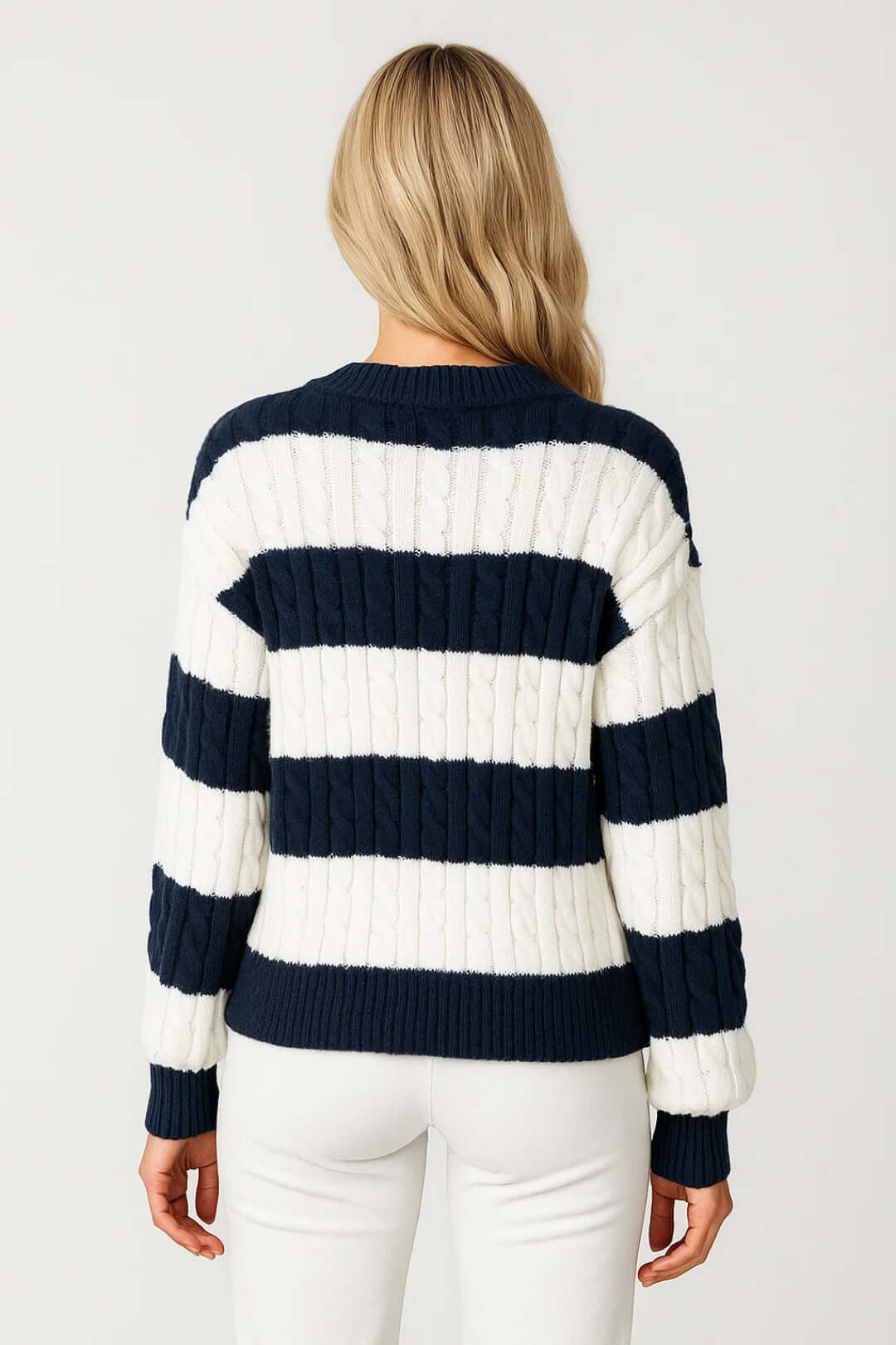 Women's Striped Cable Knit Jumper V-Neck | Chunky Style