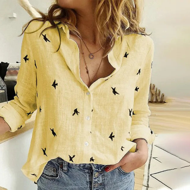 Céloria | Women's Bird Print Button Blouse