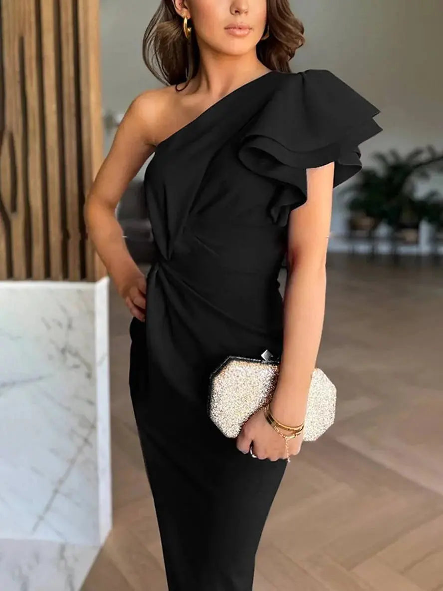 Women's Christmas Party One-Shoulder Ruffle Maxi Dress