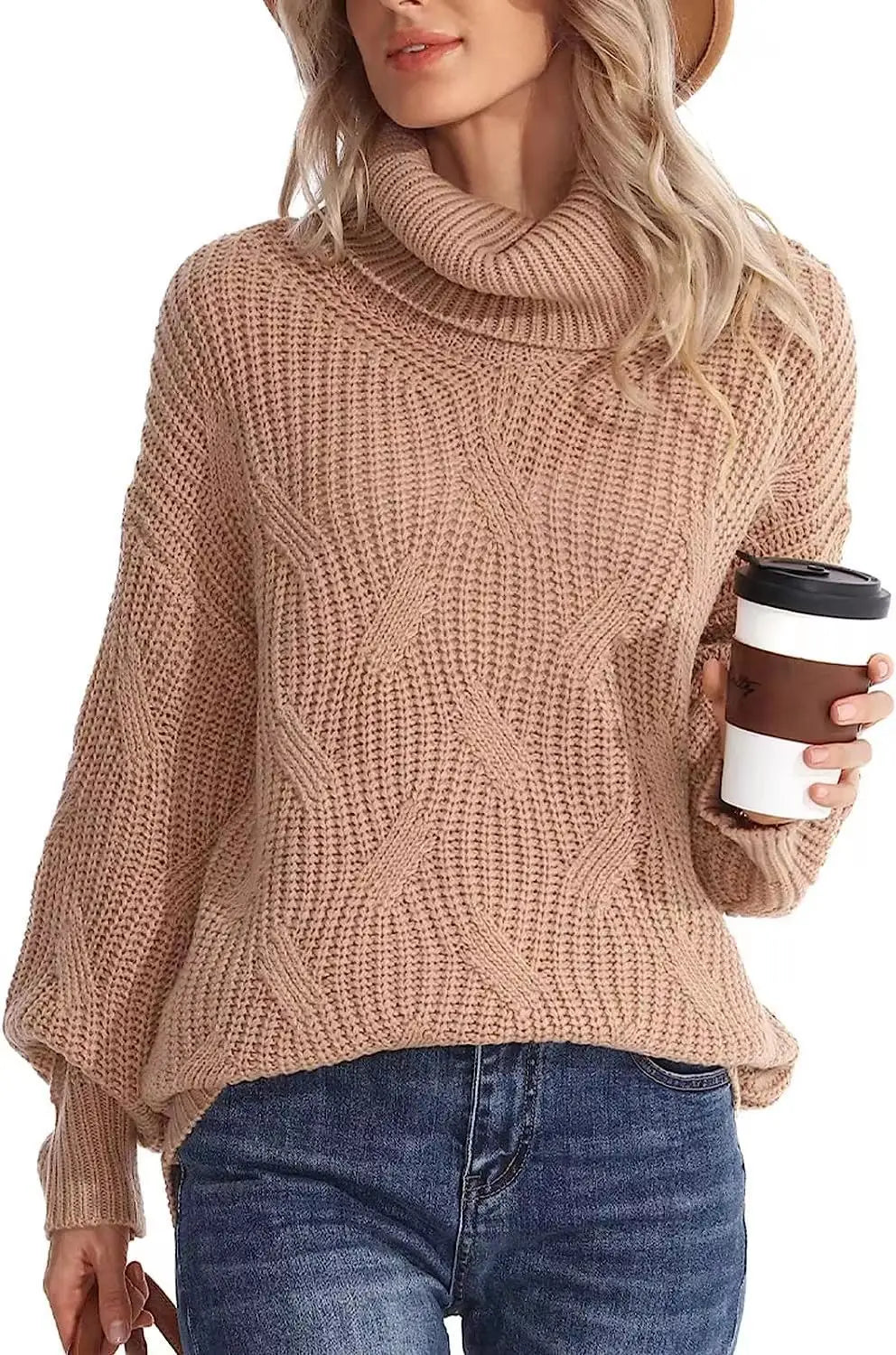 Women's Chunky Cable-Knit Oversized Turtleneck Jumper