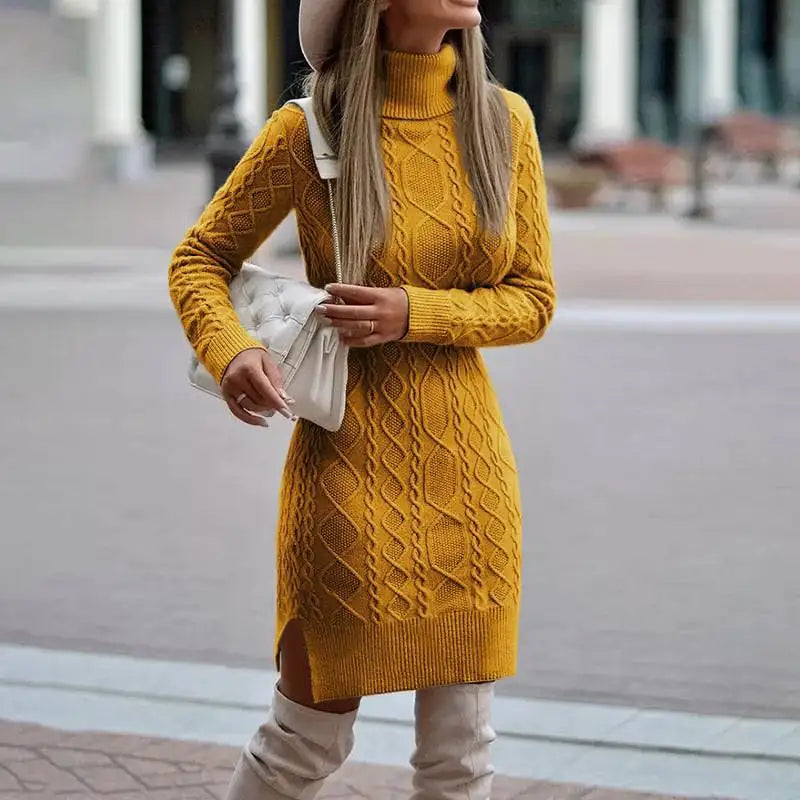 Women's Cable-Knit Turtleneck Fitted Jumper Dress