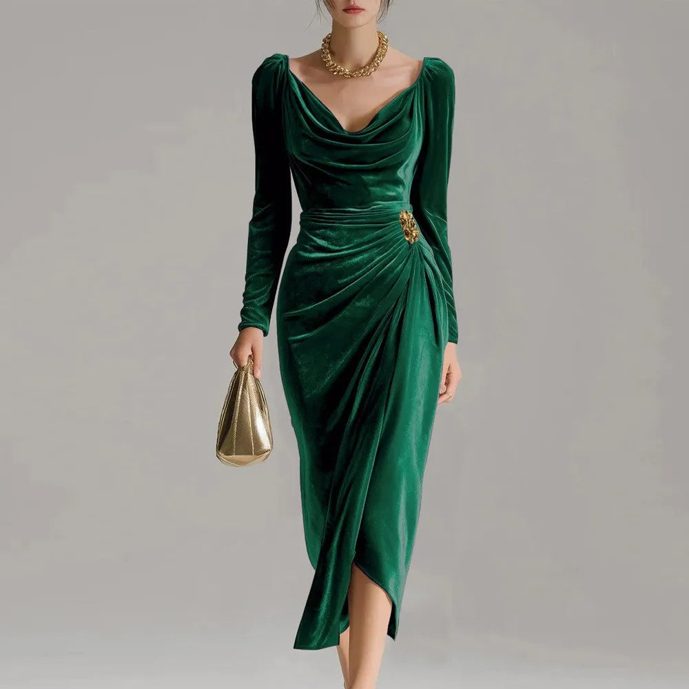 Women's Ruched Velvet Midi Christmas Party Dress