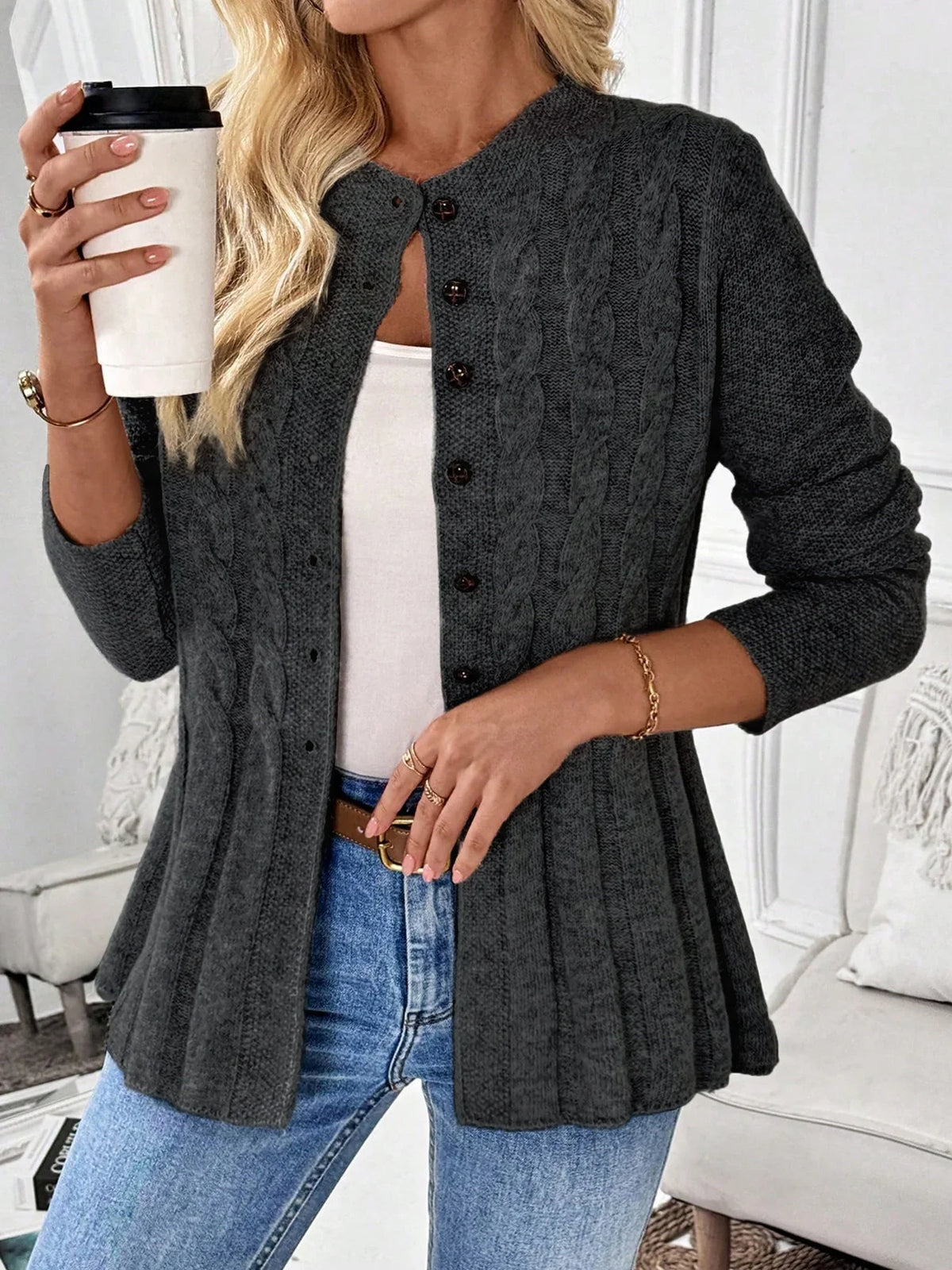 Penelope | Women's Cable-Knit Fitted Peplum Button Cardigan