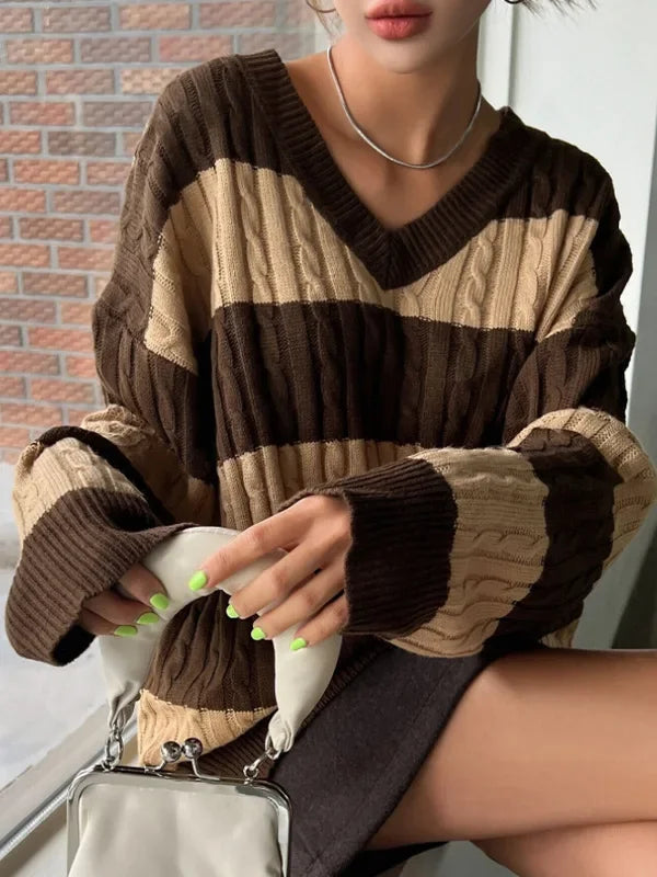 Isalène | Women's Striped Cable Knit V-Neck Sweater