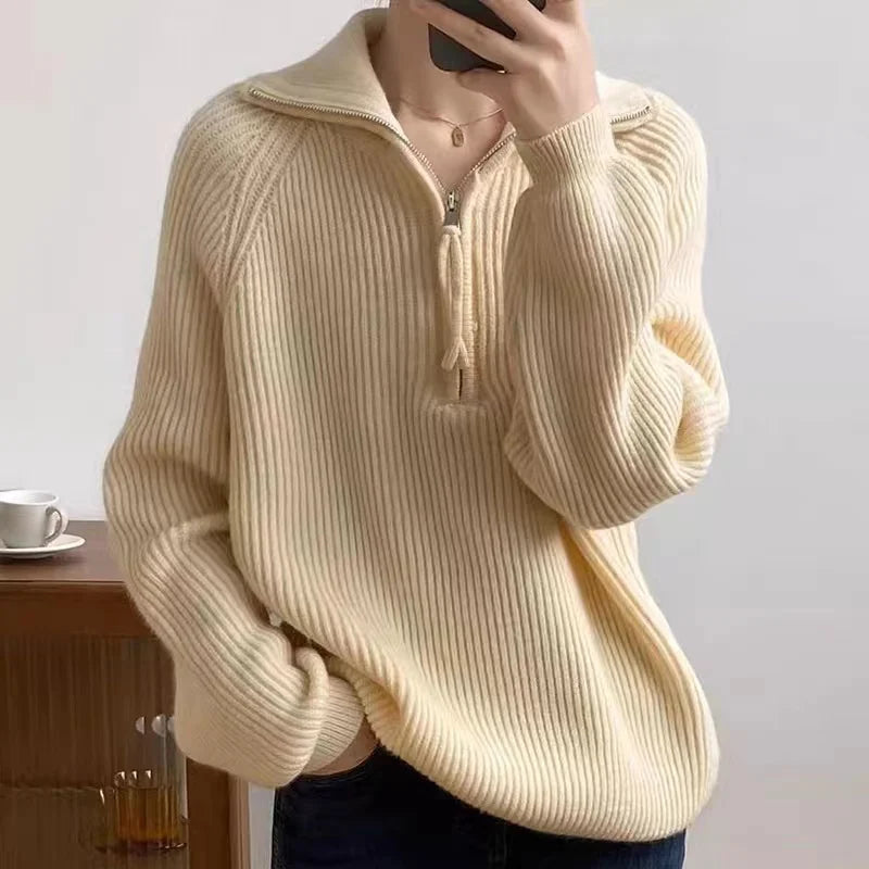 Aurelia | Women's Oversized Ribbed Knit Quarter-Zip Polo Jumper