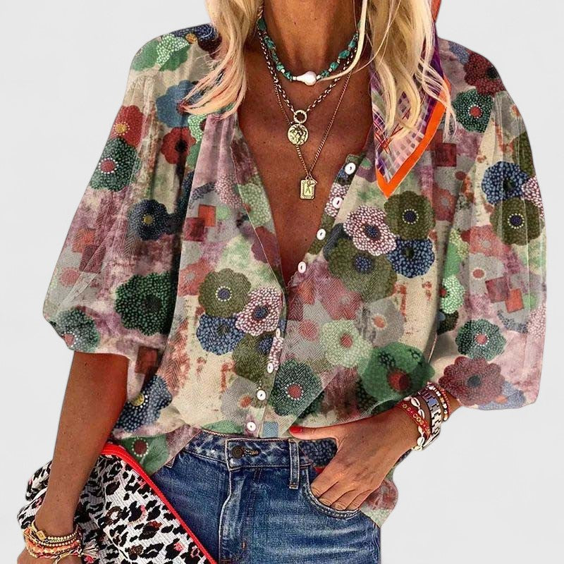 Violetta | Floral Print V-Neck Long Sleeve Blouse