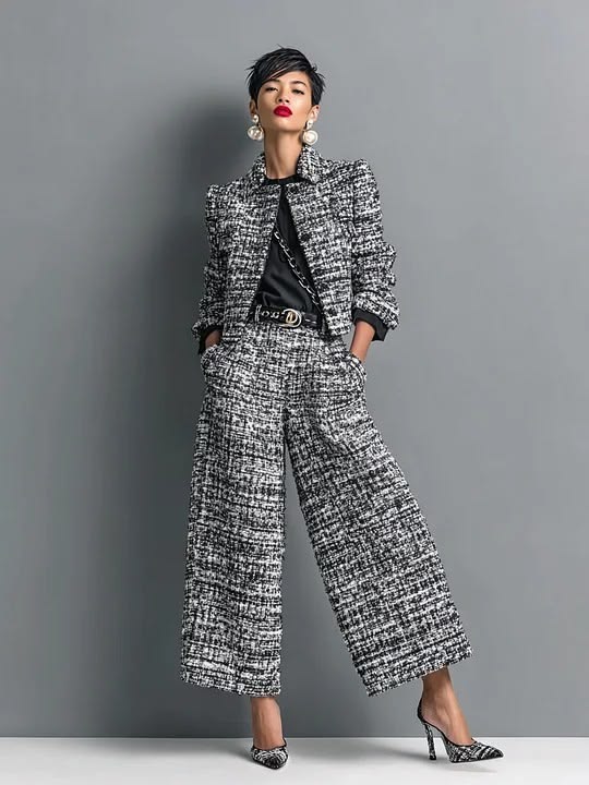 Harriet | Tweed Blend Cropped Jacket & Wide-Leg Trousers Set
