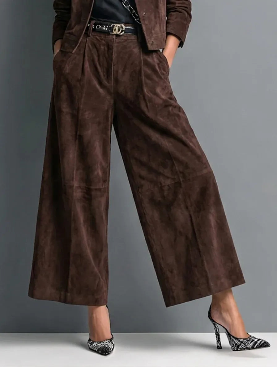 Isadora | Dark Brown Faux Suede Jacket & Wide-Leg Trousers Set
