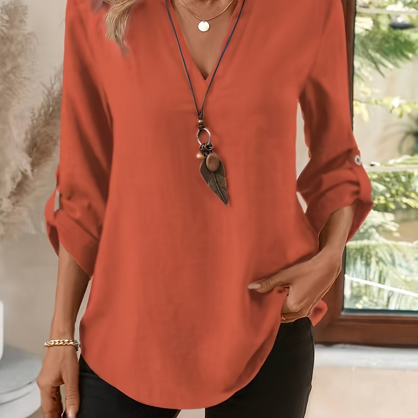 Maëlia | Women's V-Neck Roll Sleeve Blouse