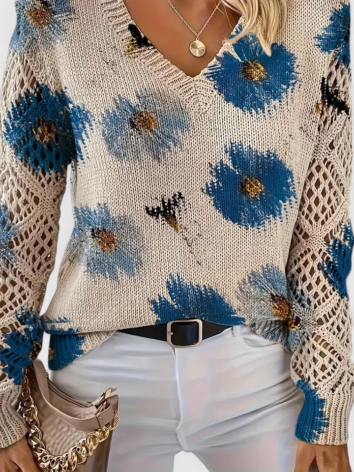 Roséliane | Women's Floral Knit V-Neck Sweater