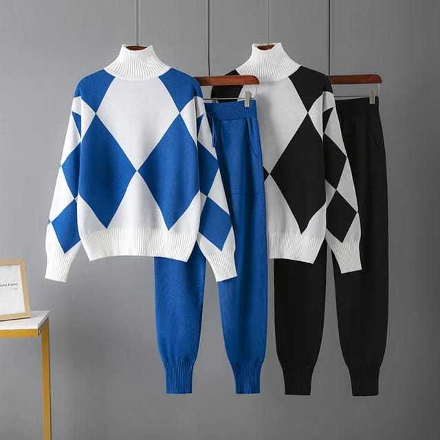 Freyja | Women's Geometric High-Neck Sweater & Tapered Trouser Set