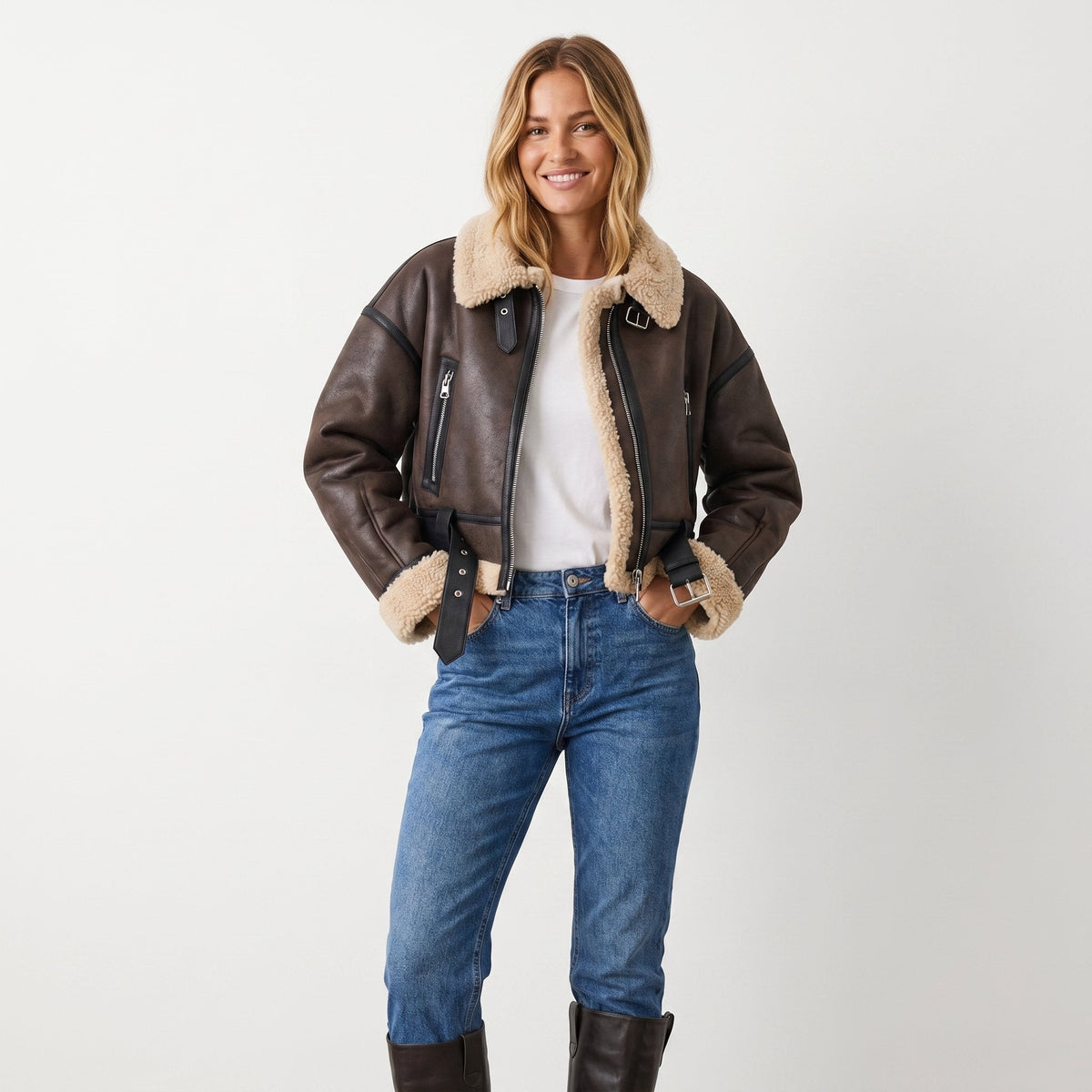 Women's Brown Leather Faux-Shearling Aviator Jacket