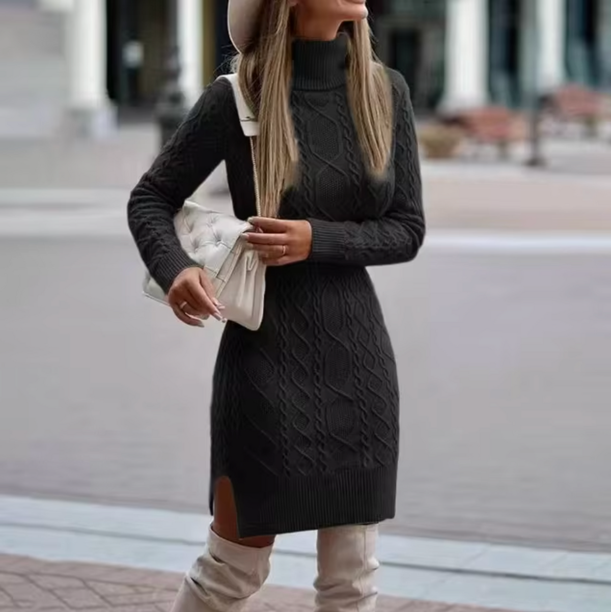 Women's Cable Knit Turtleneck Long Sleeve Midi Dress