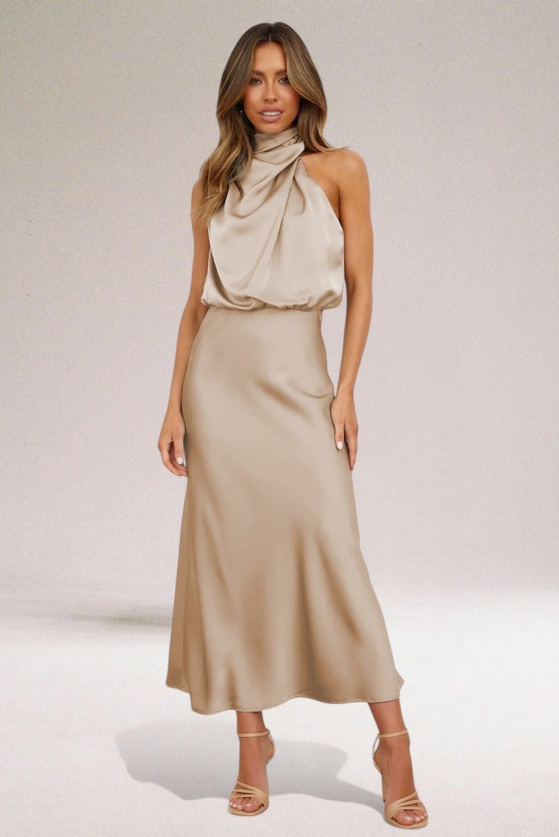 Aveline | Women's Satin Gathered Halter-Neck Maxi Dress