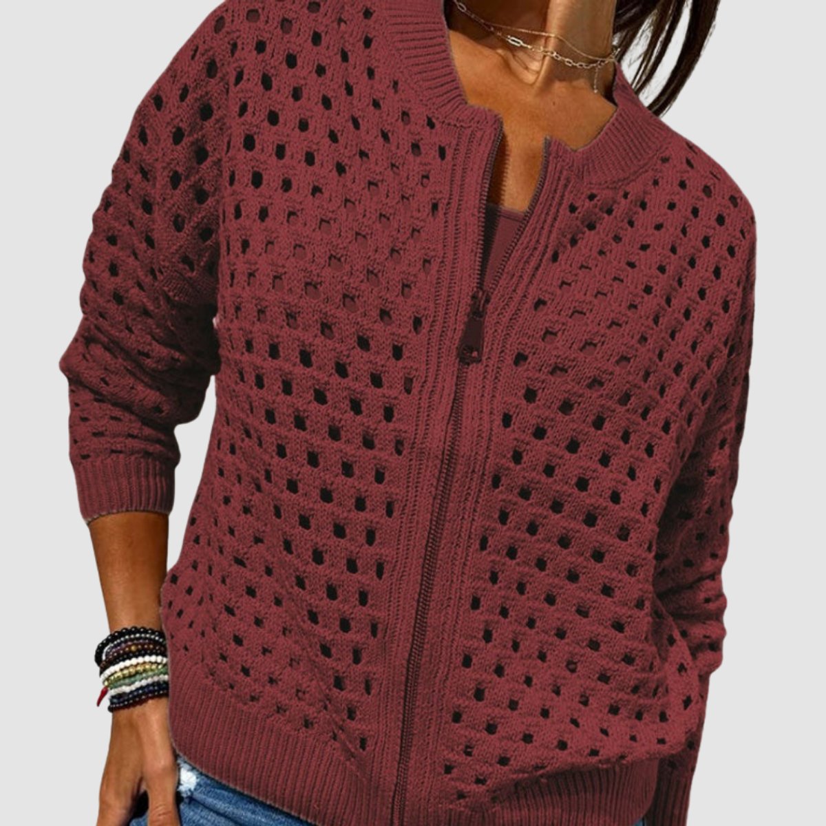 Évarine | Women's Hollow-Knit Zip-Up Cardigan