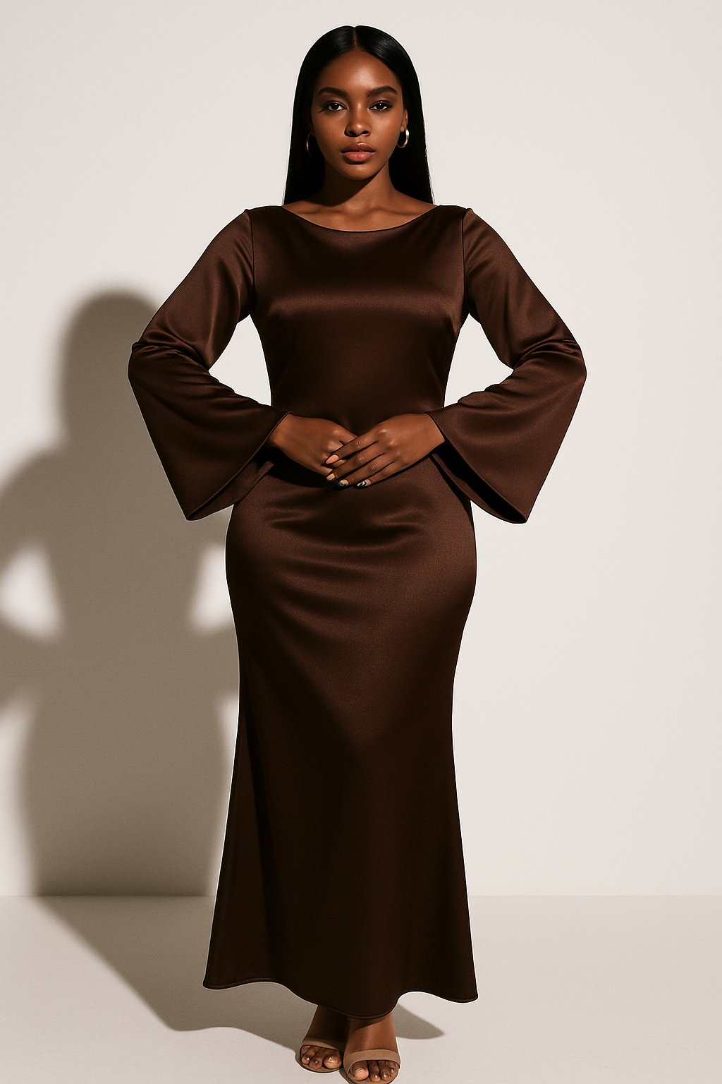 Inez | Women's Long Sleeve Satin Fishtail Maxi Dress
