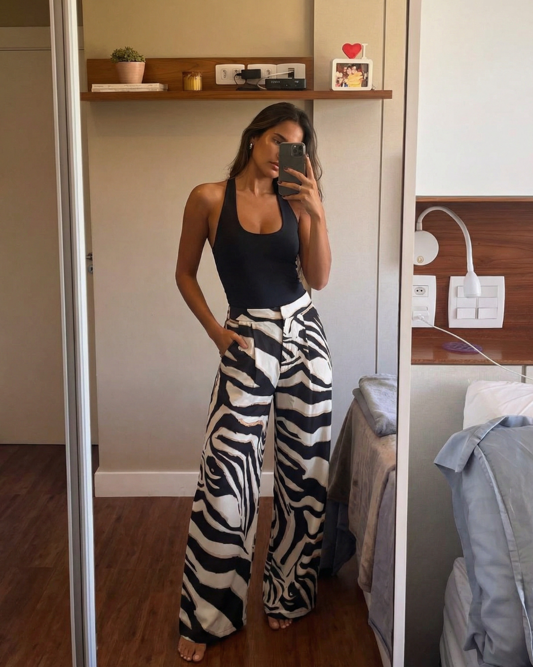 Valessia | Women's Satin Zebra Print Wide Leg Trousers