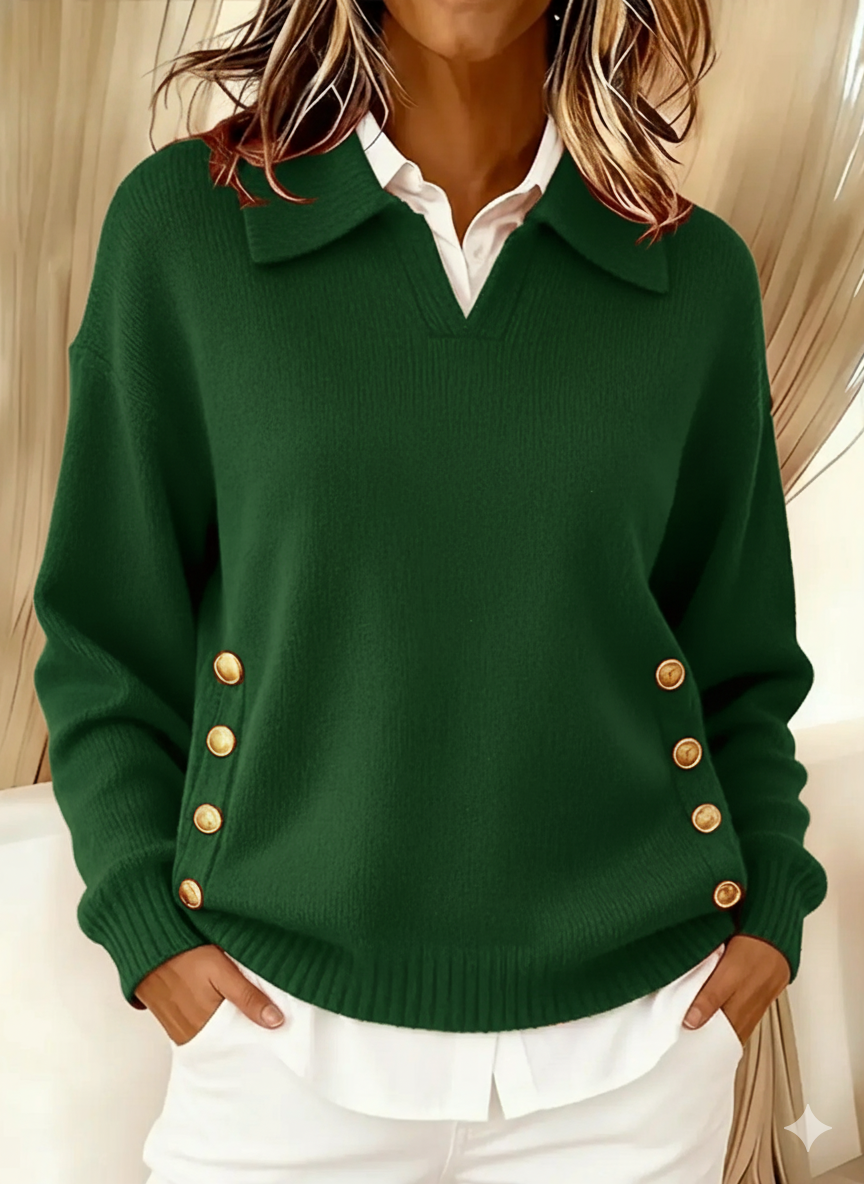 Women's Oversized Collared V-Neck Gold Button Polo Jumper