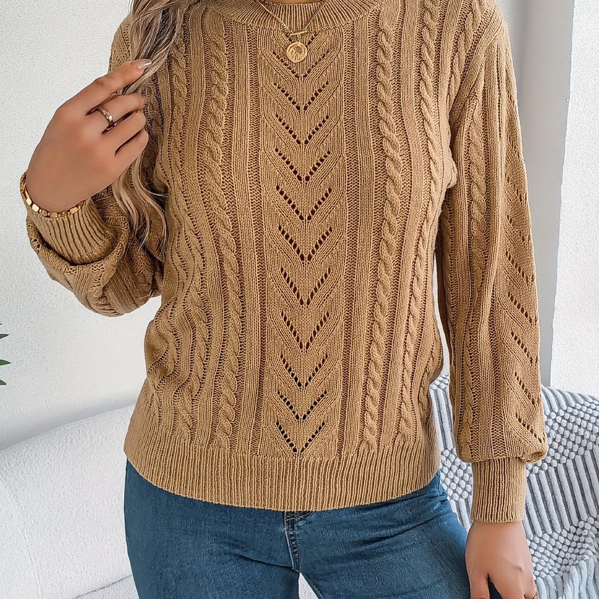 Lowri | Women's Textured Openwork Crew Neck Knit Jumper