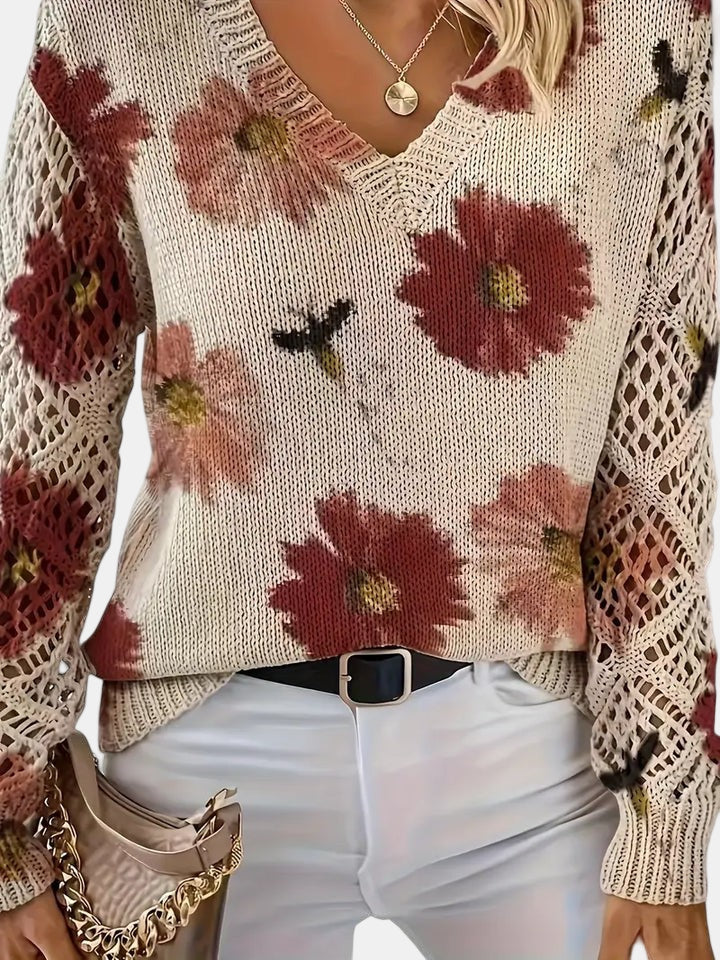 Roséliane | Women's Floral Knit V-Neck Sweater