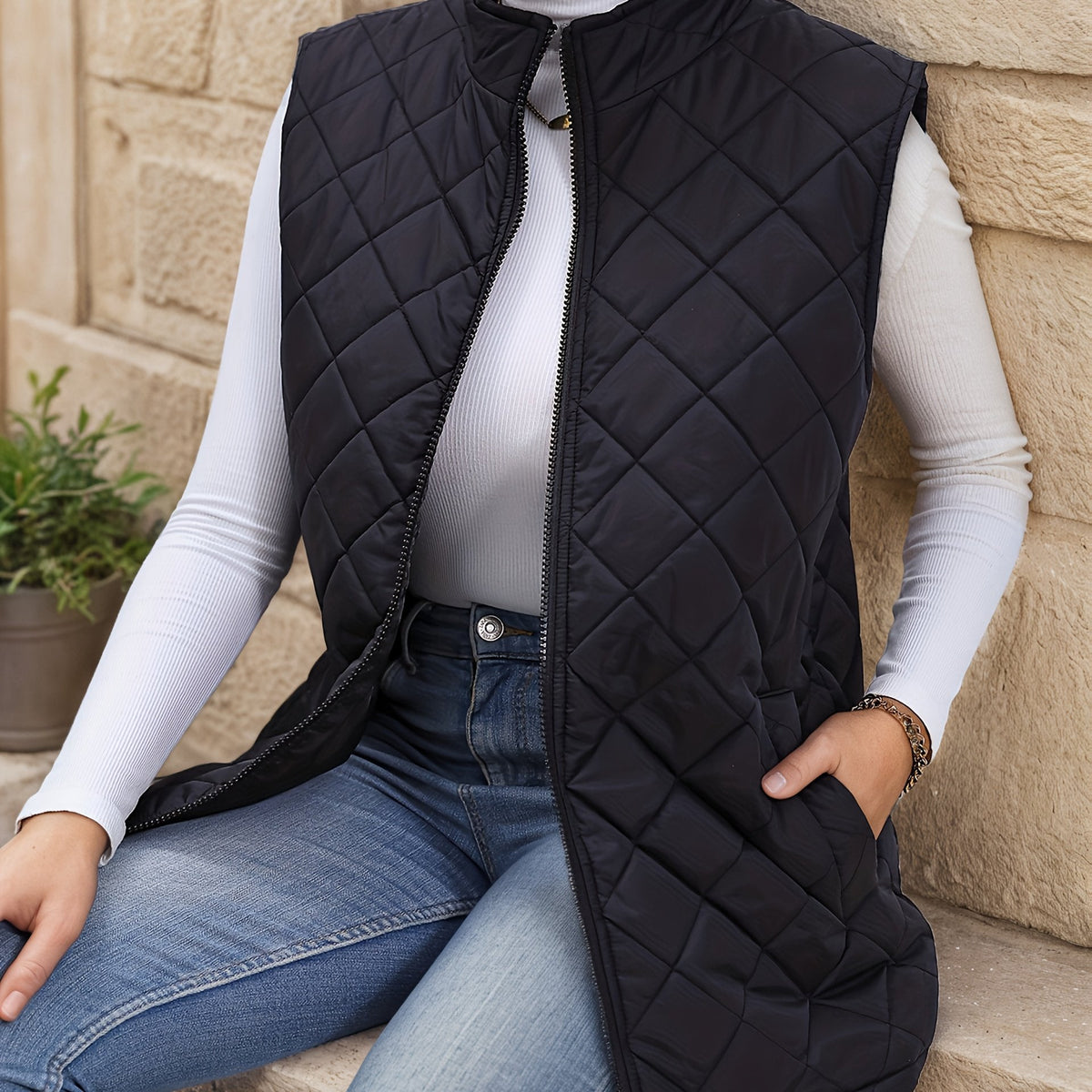 Lowri | Women's Longline Quilted Zip-Up Gilet