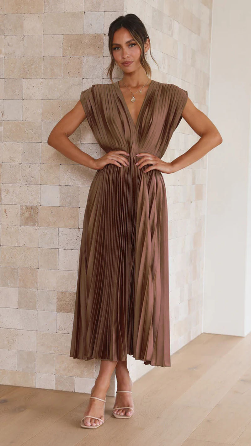 Eloise | Women's V-Neck Pleated Party Midi Dress