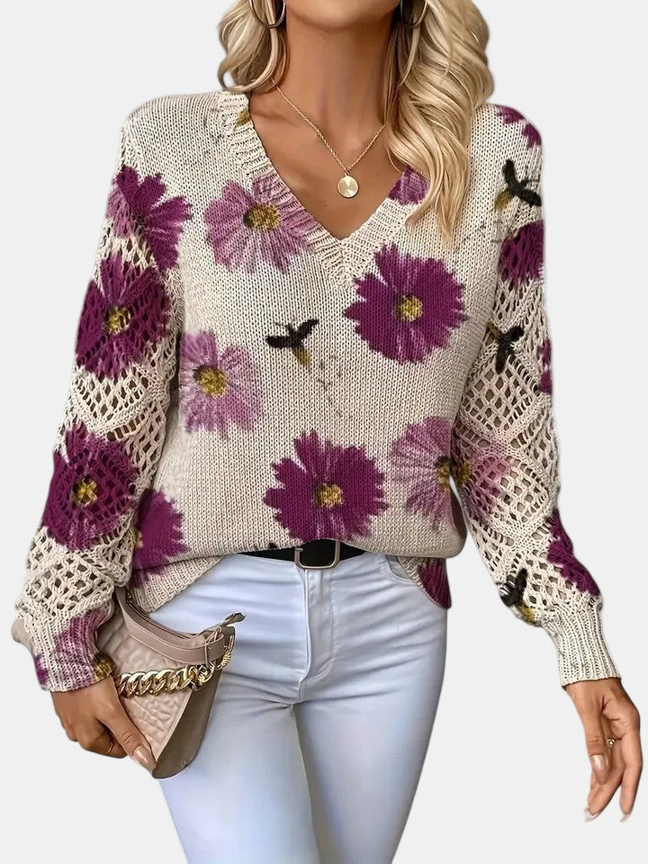Roséliane | Women's Floral Knit V-Neck Sweater