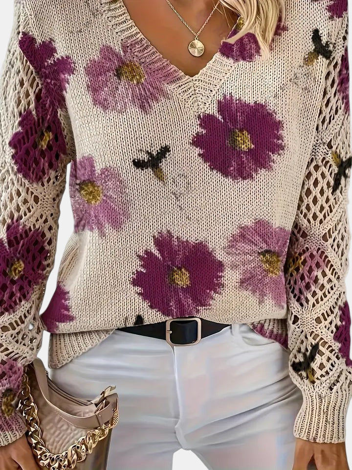 Roséliane | Women's Floral Knit V-Neck Sweater