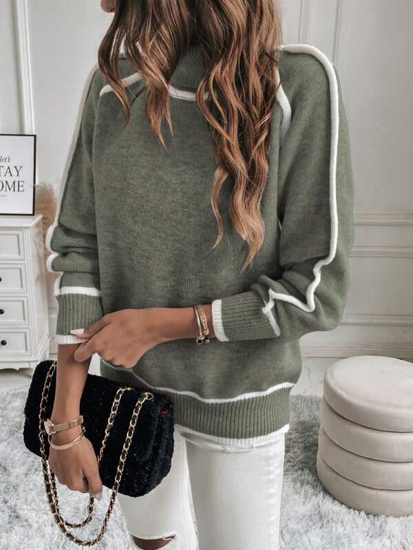 Women's Cropped Striped Ribbed Knit Turtleneck Jumper