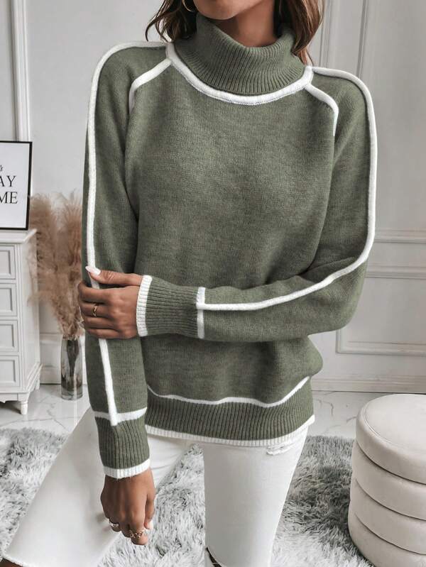 Women's Cropped Striped Ribbed Knit Turtleneck Jumper