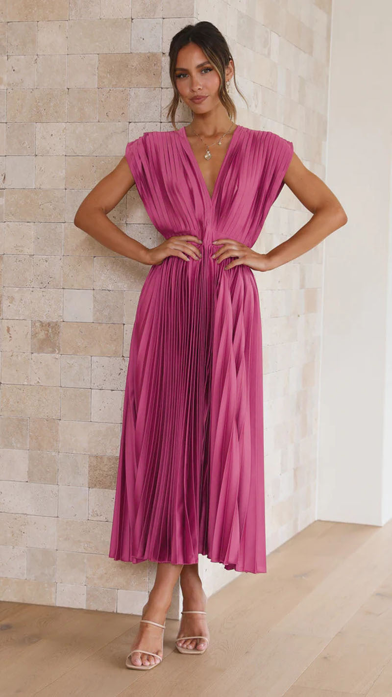 Eloise | Women's V-Neck Pleated Party Midi Dress