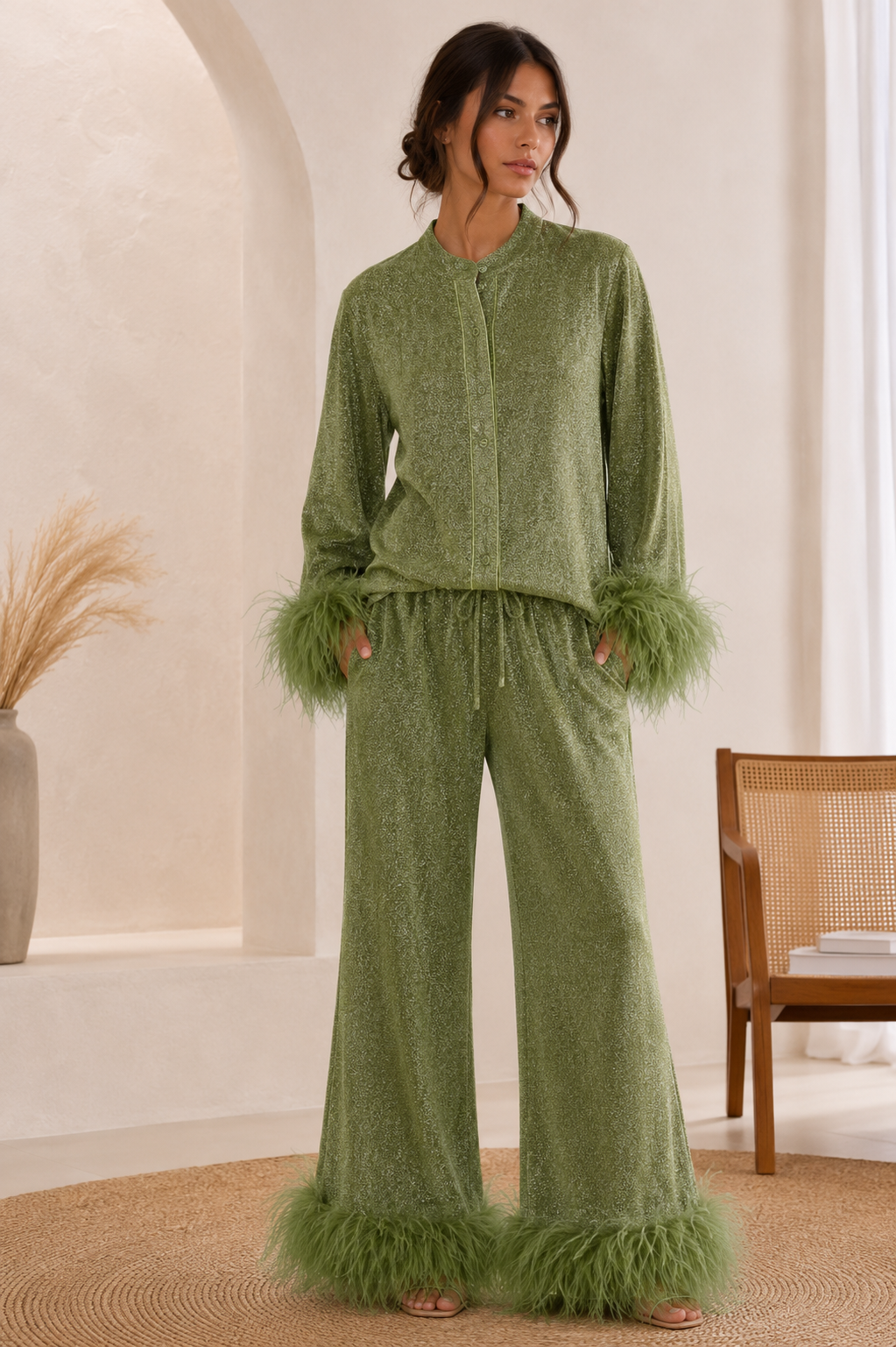 Seraphine | Women's Feather-Trim Sequin Wide-Leg Trouser Co-Ord