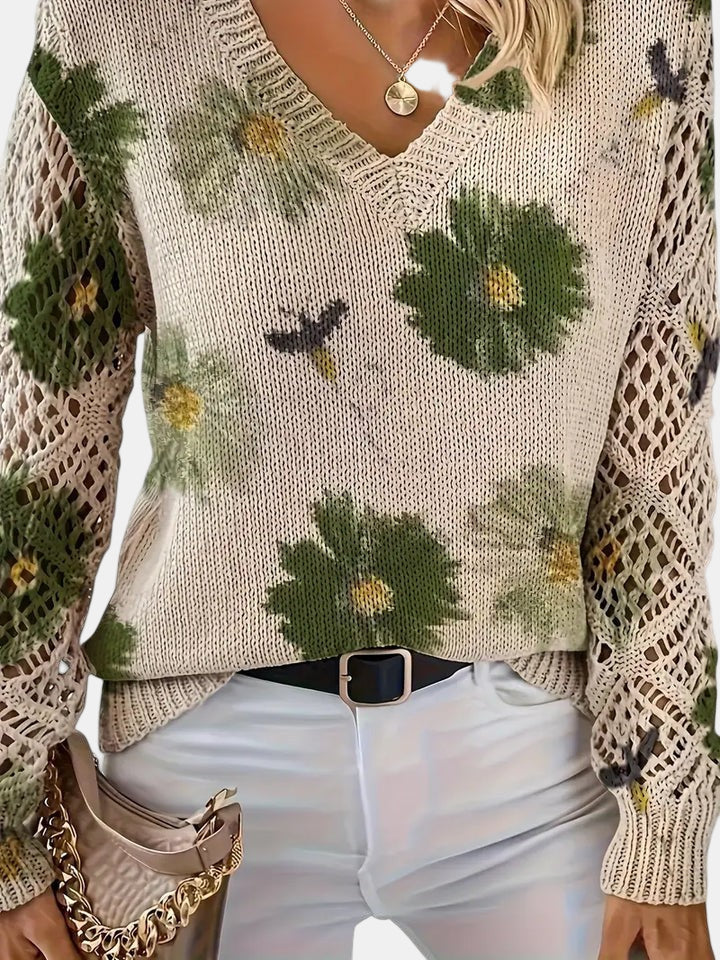 Roséliane | Women's Floral Knit V-Neck Sweater
