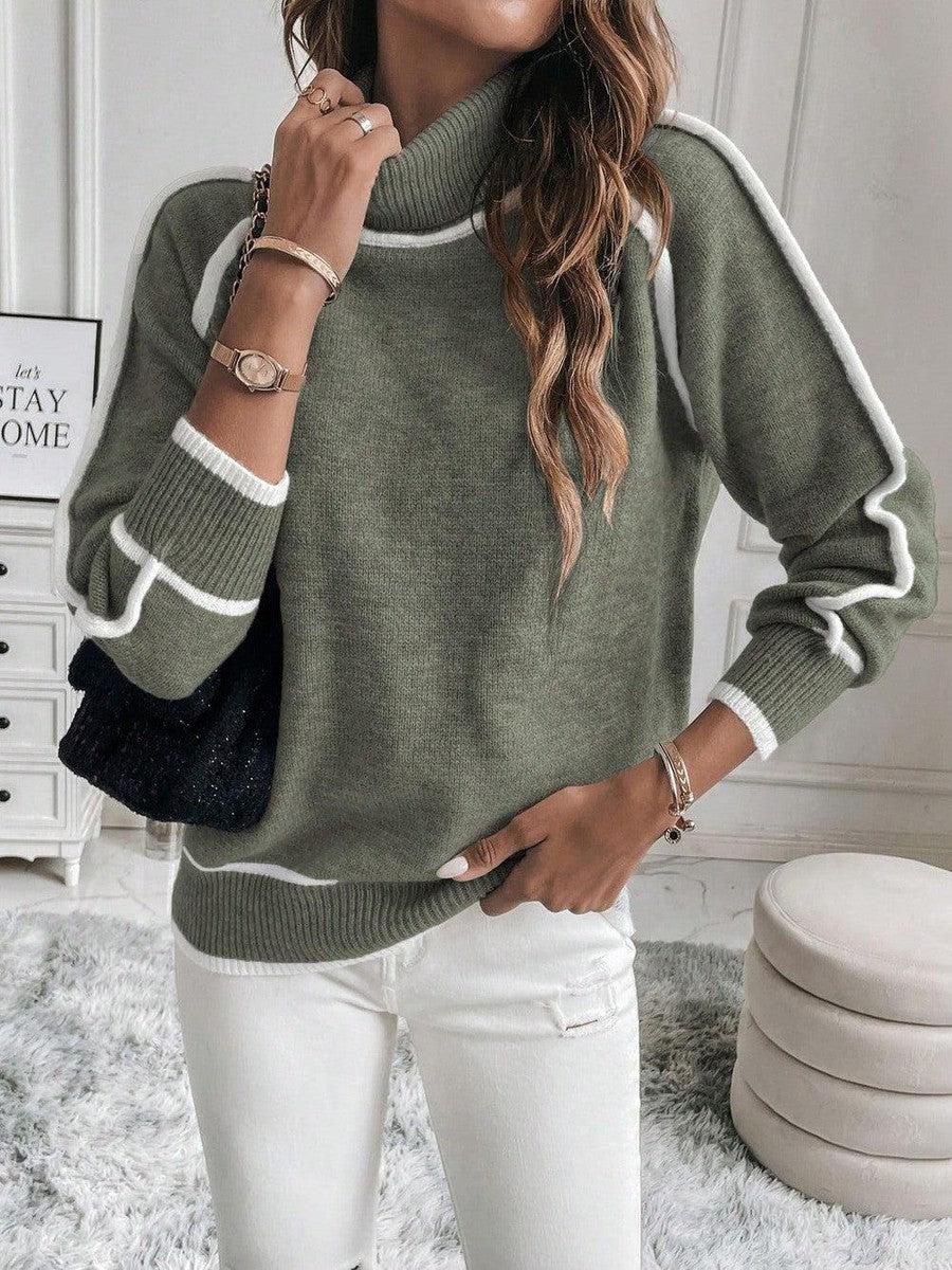 Women's Cropped Striped Ribbed Knit Turtleneck Jumper