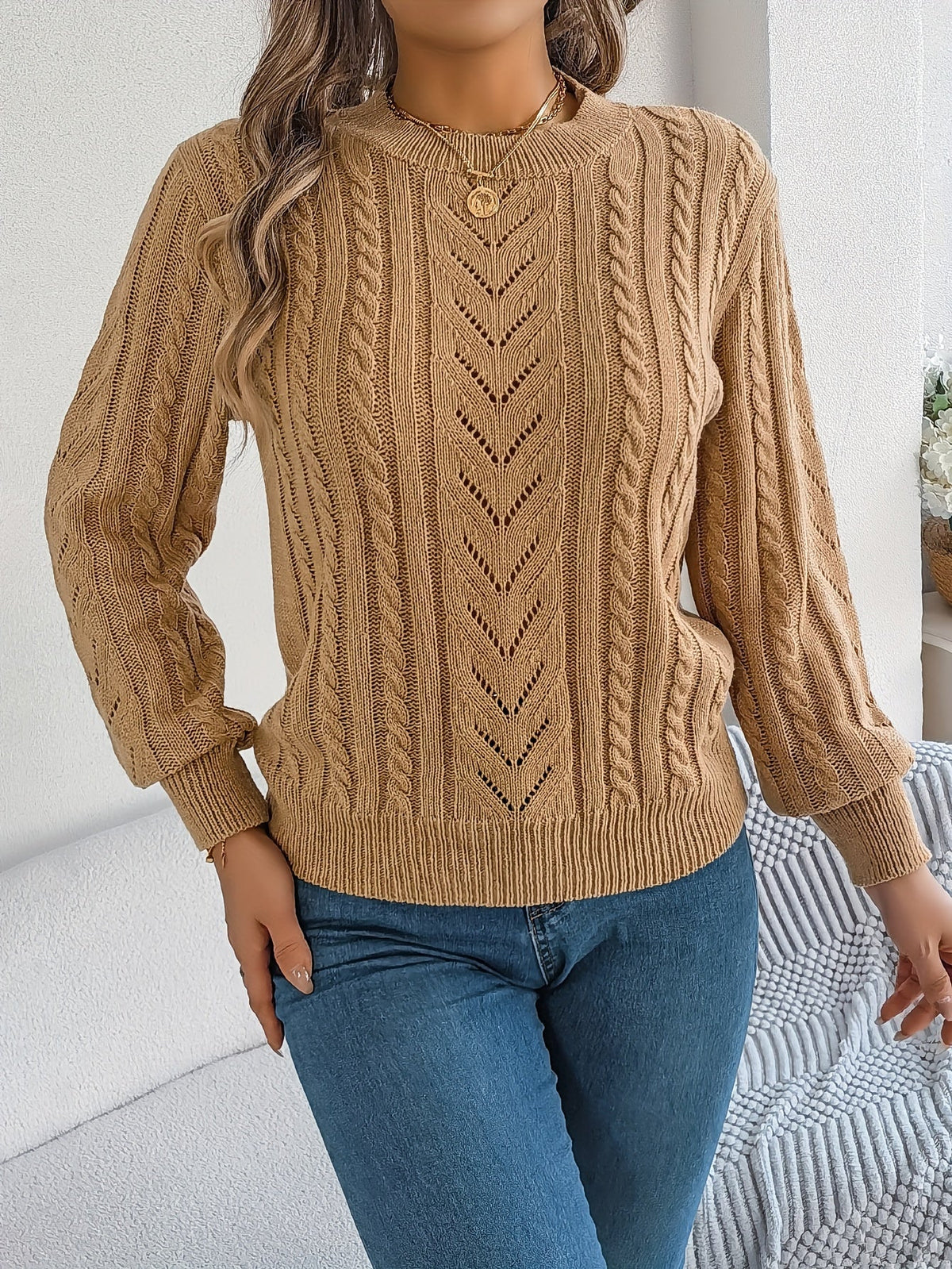 Lowri | Women's Textured Openwork Crew Neck Knit Jumper