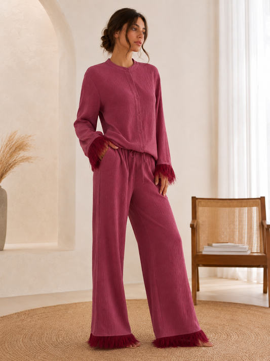 Seraphine | Women's Feather-Trim Sequin Wide-Leg Trouser Co-Ord