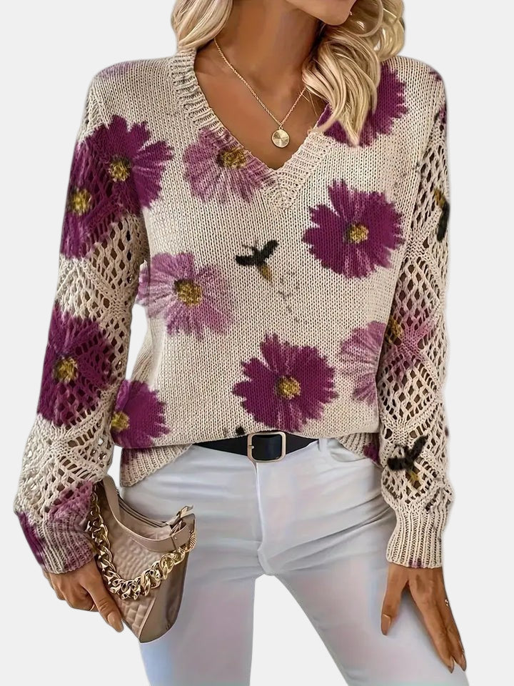 Roséliane | Women's Floral Knit V-Neck Sweater