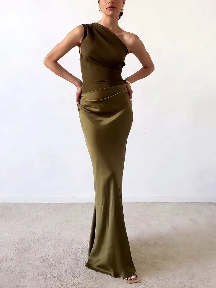 Winter Wedding Guest One-Shoulder Pleated Maxi Dress