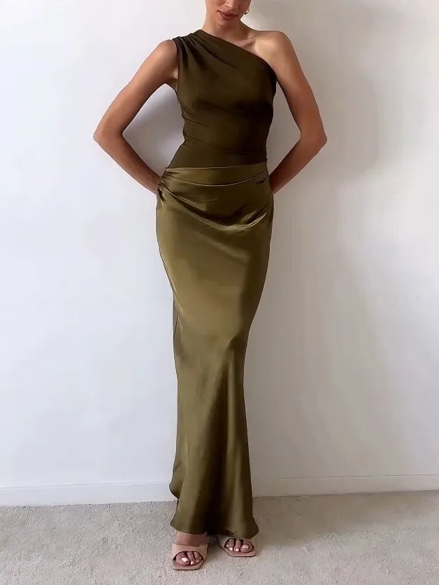 Winter Wedding Guest One-Shoulder Pleated Maxi Dress