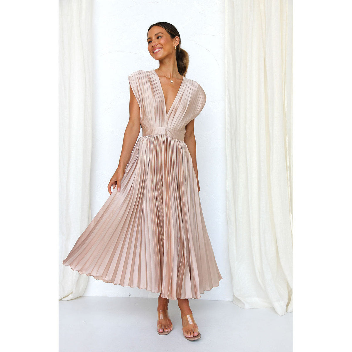 Eloise | Women's V-Neck Pleated Party Midi Dress