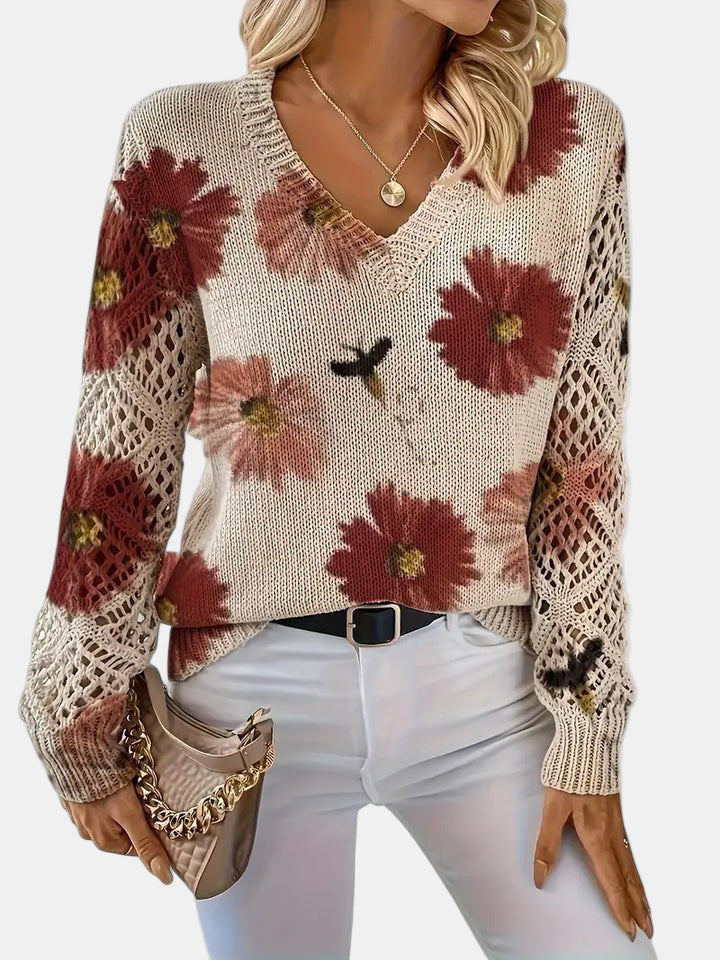 Roséliane | Women's Floral Knit V-Neck Sweater