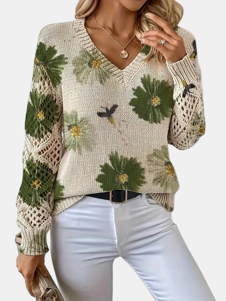 Roséliane | Women's Floral Knit V-Neck Sweater