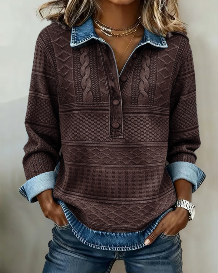 Gwenoriah - Nowoczesny sweter z półzapięciem – stylowy dżinsowy look