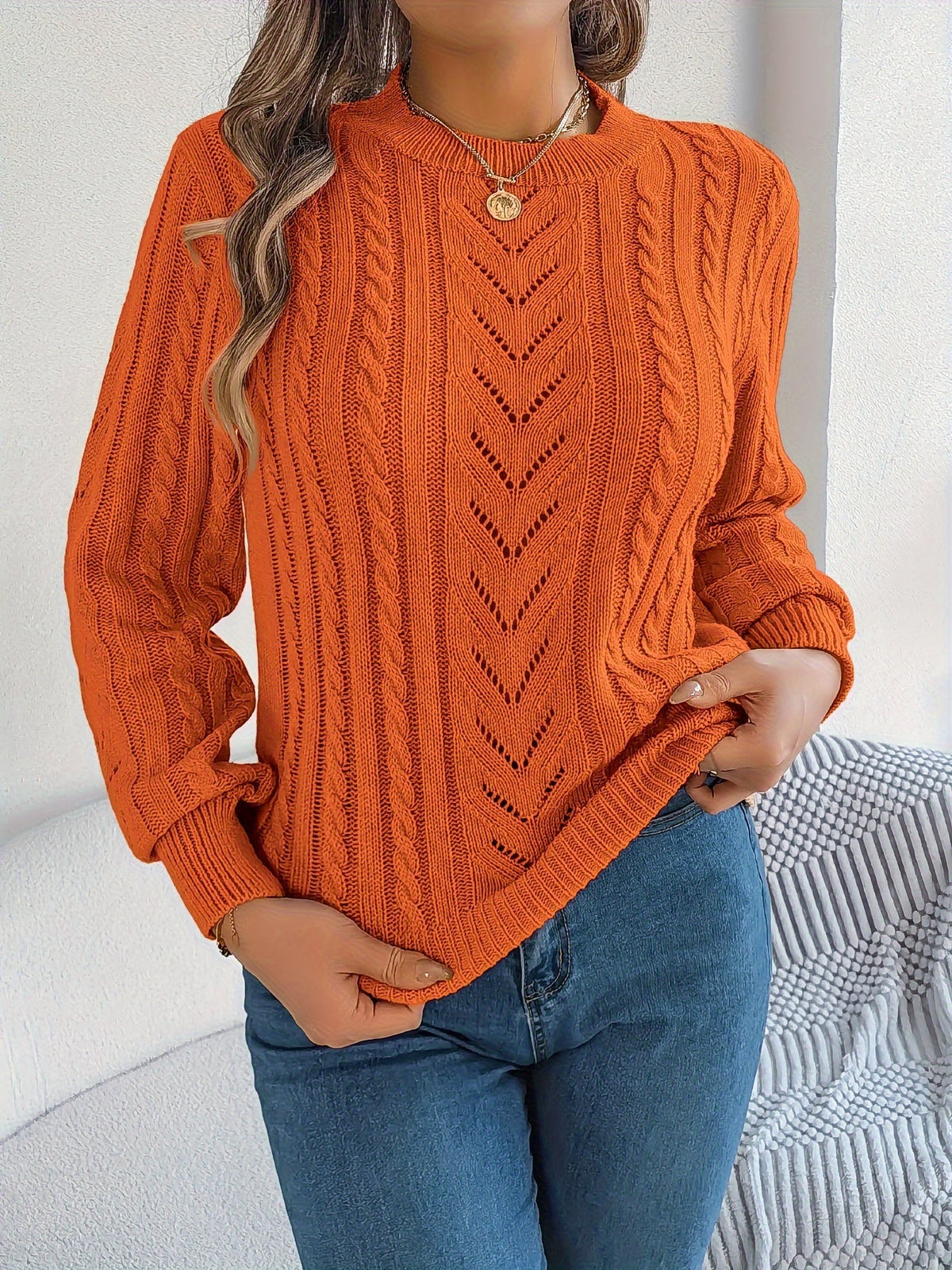 Lowri | Women's Textured Openwork Crew Neck Knit Jumper