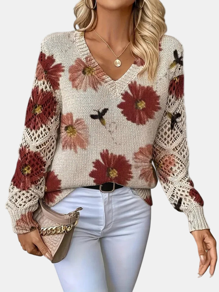 Roséliane | Women's Floral Knit V-Neck Sweater
