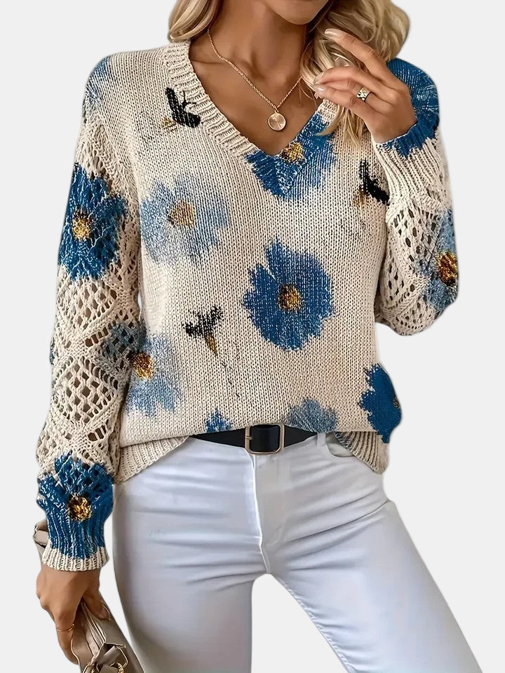 Roséliane | Women's Floral Knit V-Neck Sweater