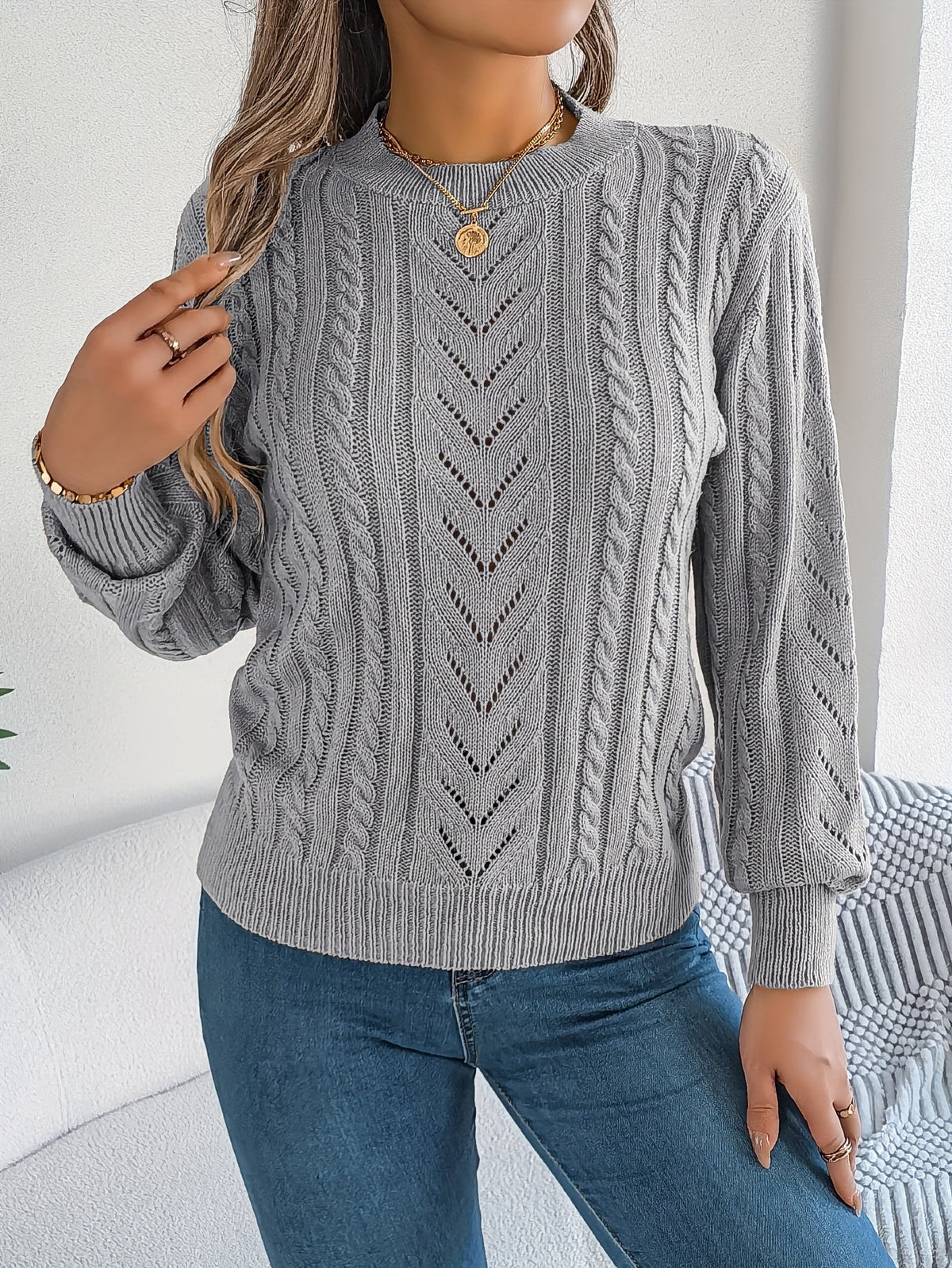 Lowri | Women's Textured Openwork Crew Neck Knit Jumper